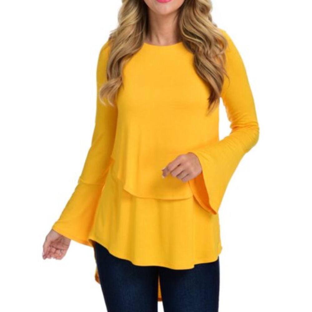 Kate & Mallory Stretch Knit Long Bell Sleeve Tiered Tunic in Yellow, Size M